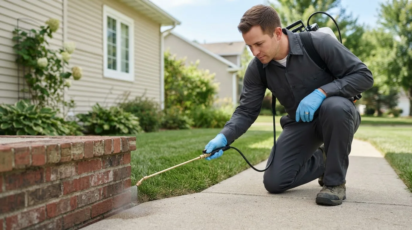 Pest control technician treating a home near Dazey, ND