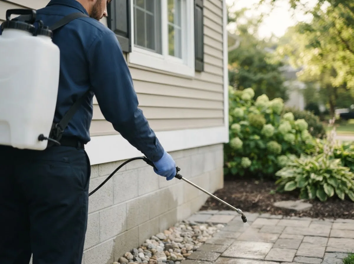 Pest control technician inspecting a home in Dazey, ND